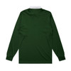 A dark green rugby jersey with long sleeves and a white collar, featuring a blank back and no visible branding.