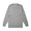 A grey rugby jersey with long sleeves and a white collar, featuring a logo on the back.