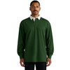 A long-sleeve green rugby jersey with a white collar, featuring a logo on the chest.