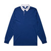 A blue rugby jersey with a white collar and long sleeves, featuring a logo on the chest.