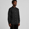 A black denim wash shirt with a button-up design, long sleeves, and a single chest pocket.