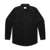 A black cord shirt featuring a button-up design and two chest pockets, with a collar and long sleeves.