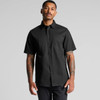 A short-sleeved black work shirt, featuring two front pockets and a logo. Suitable for workwear.