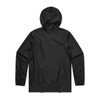 A black rain jacket featuring a hood and elastic cuffs, with a logo on the back.