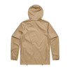A beige rain jacket with a hood, featuring a simple design and elasticated cuffs. It includes a logo on the fabric.