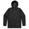 A black rain jacket with a hood, featuring a front zip and side pockets, also has a logo.