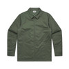 An olive green service jacket with a collar and two side pockets. The jacket features a logo.