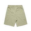A pair of light green sports shorts with an elastic waistband and a back pocket, featuring a logo.
