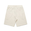 A pair of cream-coloured sports shorts featuring a back pocket and an elastic waistband.