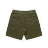 Cord shorts in olive green with an elastic waistband and back pockets. Features a logo on the waistband.