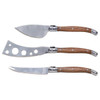 A set of three stainless steel cheese knives with wooden handles, featuring a pointed, spreading, and slicing knife.