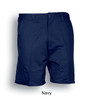 Navy unisex cotton drill work shorts with a button closure and side pockets, featuring a logo.
