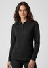 A black long sleeve polo shirt for women featuring a collar and button placket, with a logo on the left side.