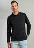 A man wearing a black long sleeve polo shirt, featuring a collar and button placket. The shirt has a logo present.