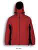 A red and black unisex three-in-one jacket with a hood, featuring zippered pockets and a sleek design.