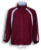 A burgundy and white unisex adults track suit jacket with poly cotton lining and a logo.