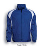 A blue and white unisex track jacket with a zip front and elastic cuffs. Features a logo on the front.