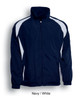 A navy and white kids' track jacket featuring a zip front and a logo. The jacket has elasticised cuffs.