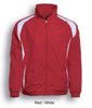 A red and white kids' training track jacket features a zip front and a collar. It includes a logo on the chest.