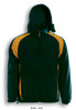 A reversible sports jacket in bottle green and gold, featuring a hood and a zip closure, with a logo on the chest.