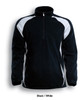 A black and white unisex half-zip sports pullover fleece jacket with contrasting panel design and a logo.