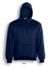 A navy pull-over hoodie with a kangaroo pocket and a hood, featuring a branding logo.
