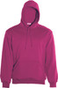 A pink kids' pullover hoodie featuring a large front pocket and drawstring hood. It has a logo on the front.