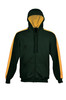 A unisex adults contrast fleece zip-through hoodie in dark green with yellow accents on the sleeves and inside the hood.