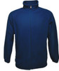 A unisex adults polar fleece zip-through jacket in a deep blue colour with a high collar and long sleeves.