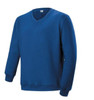 A blue kids' V-neck fleece jumper with a ribbed cuff and hem, featuring a logo on the label.