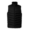 A black puffer vest with a high collar and side pockets, featuring a logo on the chest.