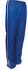 Blue track pants featuring white side stripes, designed for kids. The pants have an elastic waistband and a logo.