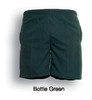 Bottle green unisex microfibre shorts with an elastic waistband and side pockets, featuring branding.