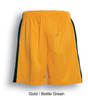 Kids soccer panel shorts in gold with bottle green side panels, featuring a logo.