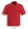 A red polo shirt with gold accents and a logo, featuring a classic collar and short sleeves.
