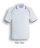 A white polo shirt with black accents and a logo. Short sleeves and a classic collar design.