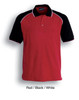 A unisex adult three-tone polo shirt in red with black sleeves and white accents. It features a collar and a logo.