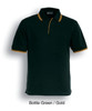 A bottle green polo shirt with gold double stripes, featuring a collar and a logo on the chest.