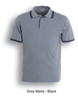 A grey marle polo shirt with black double stripes and a collar, featuring a logo on the left chest.