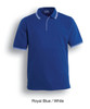A royal blue polo shirt with white double stripes on the collar and sleeves, featuring a logo.