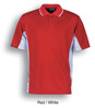 A red and white men's polo shirt with a classic collar and side panel detailing, featuring a logo.