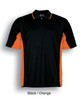A black and orange polo shirt featuring a classic collar and short sleeves, with a logo present.