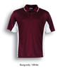 A burgundy and white polo shirt featuring a collar and short sleeves, with a logo on it.