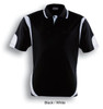 A black and white unisex polo shirt featuring a contrast design and a logo on the chest.