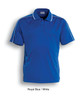 A royal blue and white men's polo shirt featuring a collar and short sleeves. It has a logo on it.