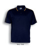 A navy polo shirt with gold stripes and a collar, featuring a small logo on the chest.
