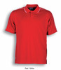 A red polo shirt with white stripes on the collar and sides, featuring a branded logo.