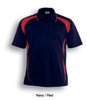 A navy and red unisex polo shirt featuring a logo and sporty design with contrasting colours.