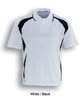 A white and black unisex sports polo shirt featuring contrasting panels and a collar, with a logo on the front.