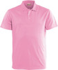 A pink basic polo shirt with a collar and buttons, featuring a logo on the chest.